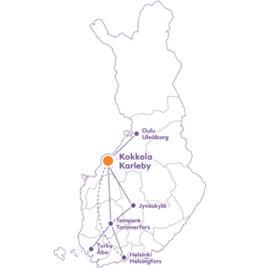 Suomen kartta, jossa junayhteydet Kokkolaan